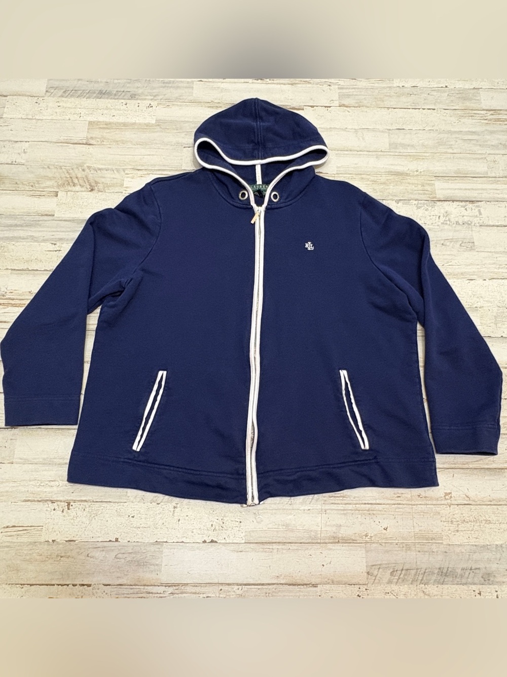 LRL Ralph Lauren Women’s 2X Hooded Jacket Blue White Full Zip Nautical Beach